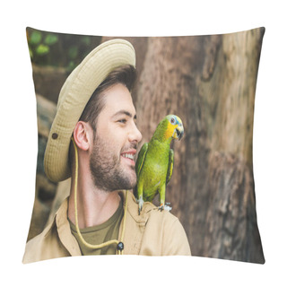 Personality  Handsome Young Man With Parrot On Shoulder In Jungle Pillow Covers