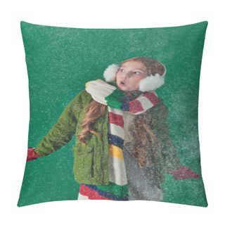 Personality  Shocked Girl In Ear Muffs, Striped Scarf And Winter Attire Standing Under Falling Snow On Turquoise Pillow Covers