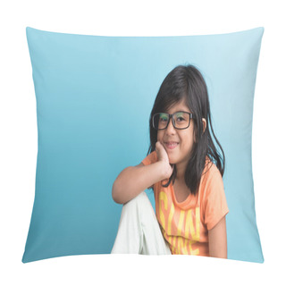 Personality  Small Indian Girl With Glasses, Closeup On Blue Background, Asian Girl, 4 Year Indian Girl, Smiling, Cute Look, Studious,black Hair, Long Black Hair, Front View,passport Photo, Hand On Chik Pillow Covers