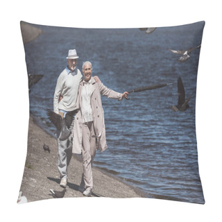 Personality  Elderly Couple Walking On River Shore Pillow Covers
