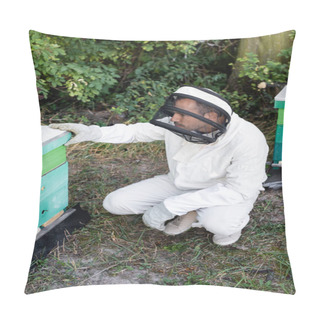 Personality  Beekeeper In Protective Suit And Helmet Near Beehive On Apiary Pillow Covers