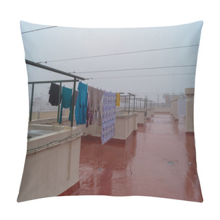 Personality  Clothes Hanging On A Rooftop During A Foggy Winter Morning And After It Rained Overnight. Pillow Covers