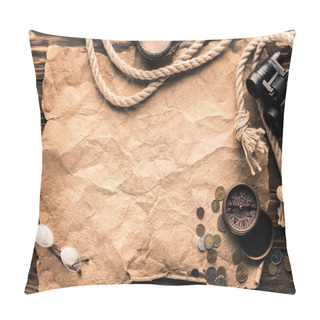 Personality  Top View Of Blank Crumpled Paper With Compass, Binoculars And Rope On Rustic Wooden Surface Pillow Covers