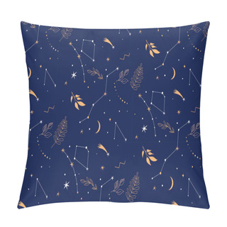 Personality  Constellations Seamless Pattern. Night Background With Stars, Planents And Leaves Pillow Covers