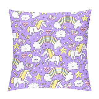 Personality  Sleep Dreams. Seamless Pattern With Magical Unicorn, Rainbow, Clouds, Stars, Bow, Candy And Hearts. Violet Background For Funny Design Elements.  Pillow Covers
