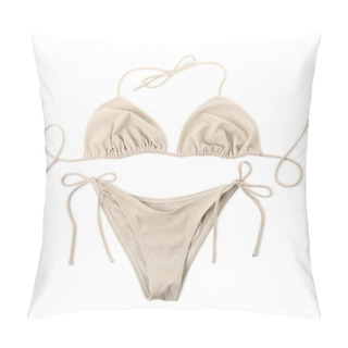 Personality  Stylish Beige Bikini On White Background, Top View Pillow Covers