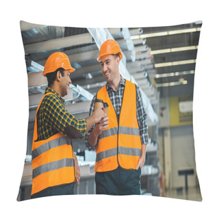 Personality  Selective Focus Of Multicultural Workers Clinking With Paper Cups In Warehouse Pillow Covers