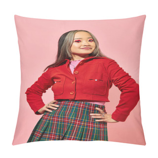 Personality  Valentines Day Concept, Happy Asian Girl In Red Jacket Posing With Hands On Hips On Pink Backdrop Pillow Covers