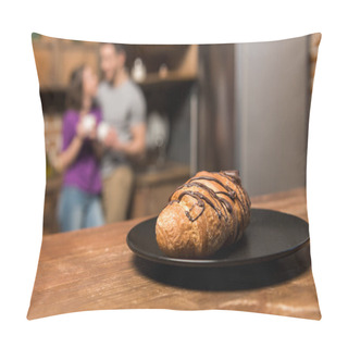 Personality  Couple With Coffee In Kitchen, Plate With Croissant On Foreground Pillow Covers
