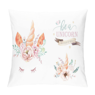 Personality  Isolated Cute Watercolor Unicorn Clipart With Flowers. Nursery Unicorns Illustration. Princess Rainbow Poster. Trendy Pink Cartoon Pony Horse. Pillow Covers