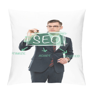 Personality  Handsome Businessman In Glasses Holding Marker Pen Near Seo Lettering On White  Pillow Covers