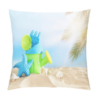 Personality  Vacation And Summer Image With Beach Colorful Toys For Kid Over  Pillow Covers
