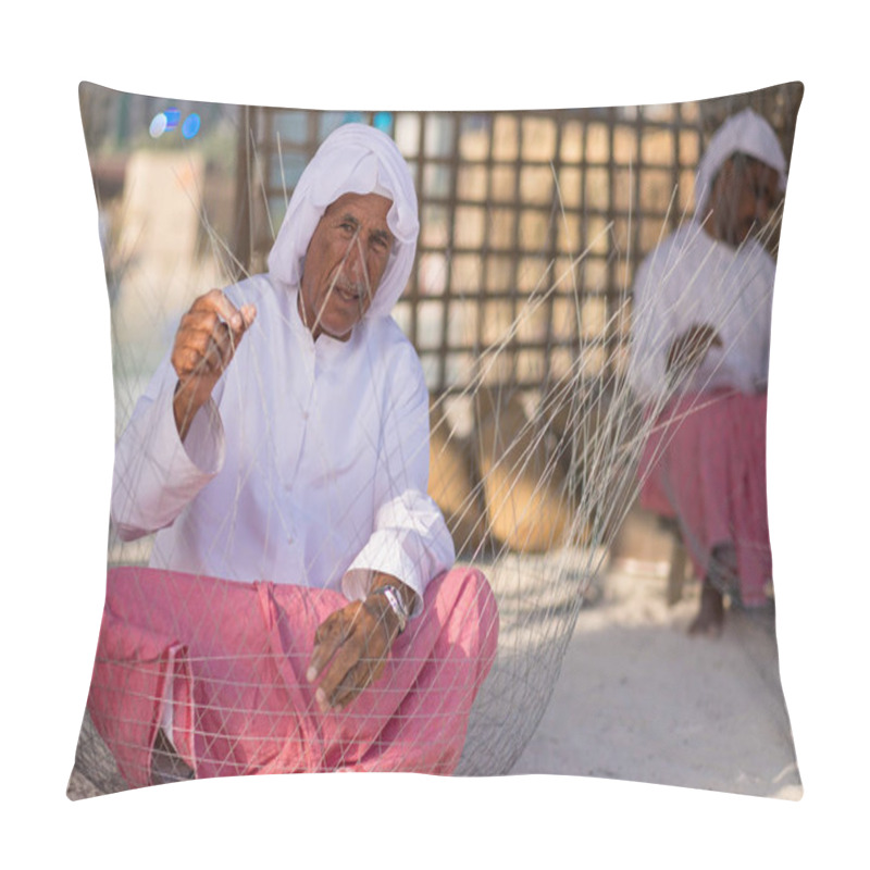Personality  Man Making Fishing Traps Or Traditional Fishing Cages In Qasr Al Hosn Festival In Abu Dhabi In February 15, 2015 Pillow Covers