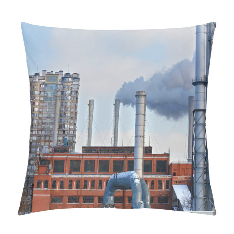 Personality  Smoke Chimneys From The City Thermal Station Against The Background Of Residential Buildings Create A Bad Ecology In The City. Copy Space. Pillow Covers