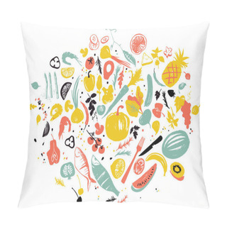 Personality  Set Of Food Objects: Sea Food, Vegetables And Fruits. Healthy Lifestyle Eating. Farmers Market. Blue, Red And Yellow Pillow Covers