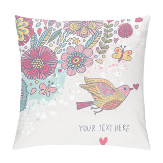 Personality  Colorful Vintage Background. Pastel Colored Floral Wallpaper With Bird And Butterflies. Cartoon Romantic Card In Vector Pillow Covers