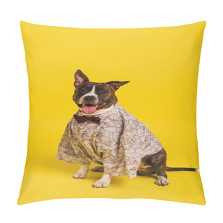 Personality  Purebred Staffordshire Bull Terrier In Cape With Bow Tie Sitting On Yellow Pillow Covers