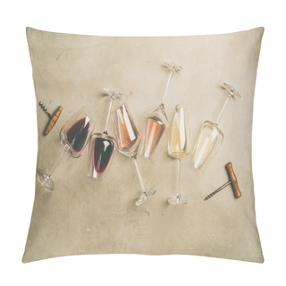 Personality  Red, Rose And White Wine In Glasses And Corkscrews Over Grey Concrete Background Pillow Covers
