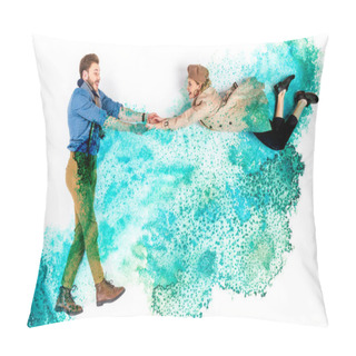 Personality  Elegant Woman Levitating In Air And Holding Hands With Man On Background With Watercolor Turquoise Spills Pillow Covers