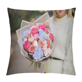 Personality  Girl In The White Sweather Holding In Her Hands A Beautiful Bouquet Of Tender Pink And Blue Flowers In White Transparent Paper Pillow Covers