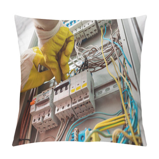 Personality  Low Angle View Of Electrician In Gloves Fixing Electrical Distribution Box Pillow Covers