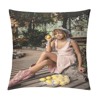 Personality  Cheerful Young African American Woman In Summer Dress And Headscarf Holding Ripe Lemon And Looking At Camera Near Mesh Bag In Blurred Orangery, Chic Woman In Tropical Garden, Summer Concept Pillow Covers