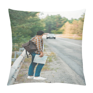 Personality  Side View Of Man With Backpack And Map Standing On Road While Traveling Alone Pillow Covers