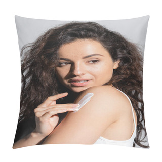 Personality  Curly Young Woman Applying Cosmetic Cream On Shoulder Isolated On Grey  Pillow Covers