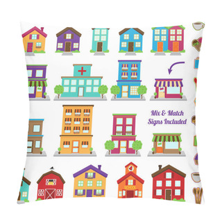 Personality  Vector Collection Of City And Town Buildings, Including Various Signs Pillow Covers