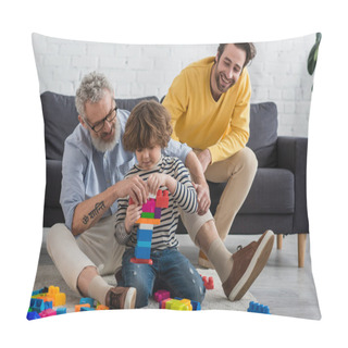 Personality  Kid Stacking Building Blocks Near Grandfather And Father In Living Room  Pillow Covers
