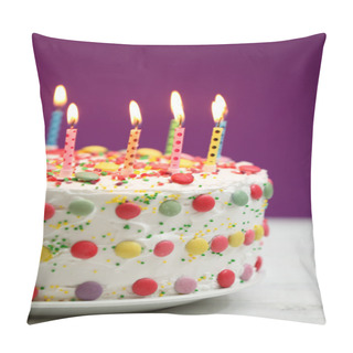 Personality  Birthday Cake With Candles On Purple Background Pillow Covers