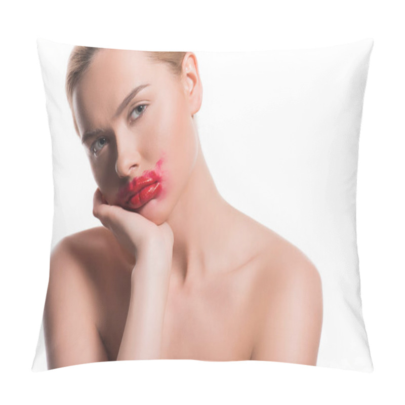 Personality  Sad Woman With Smeared Red Lipstick On Face Looking At Camera Isolated On White Pillow Covers