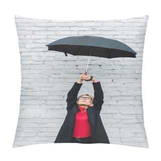 Personality  Attractive And Blonde Businesswoman In Black Coat Holding Umbrella  Pillow Covers