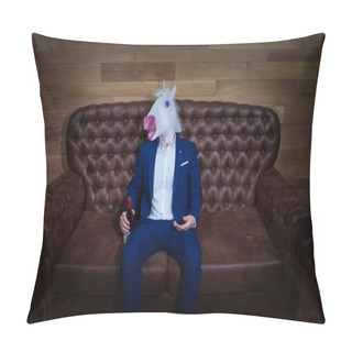 Personality  Funny Unicorn In Elegant Suit Sits On Sofa With Bottle Of Wine Pillow Covers