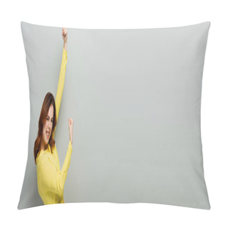 Personality  Energized Woman Showing Yeah Gesture While Looking At Camera On Grey, Banner Pillow Covers