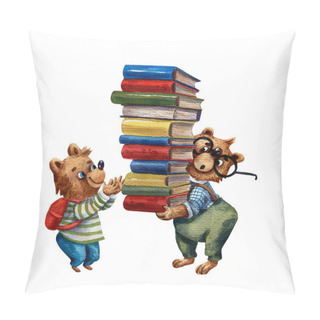 Personality  Watercolor Illustration Of Cute Bears. Pupil Characters. Elementary School Illustration. Cartoon Style. School Stuff. Drawing Book Illustration. Little Clever Boy With Books. Children Library. Pillow Covers