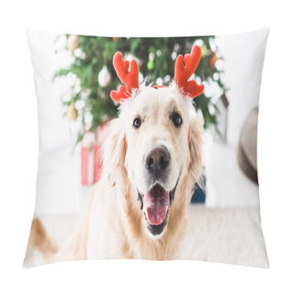 Personality  Dog With Deer Horns, Selective Focus Of Christmas Tree Pillow Covers