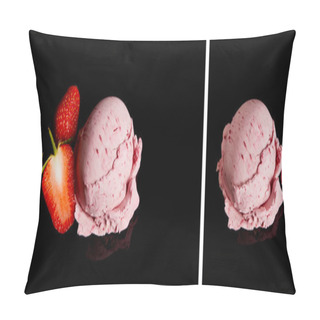 Personality  Collage Of Delicious Pink Strawberry Ice Cream With Fresh Berries Isolated On Black Pillow Covers