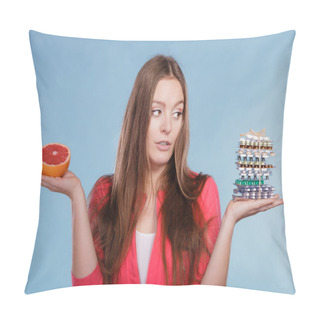 Personality  Woman With Diet Weight Loss Pills And Grapefruit. Pillow Covers