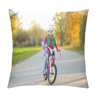 Personality  Cute Little Girl Riding A Bike In A City Park On Sunny Autumn Day. Active Family Leisure With Kids. Child Wearing Safety Hemet While Riding A Bicycle. Pillow Covers