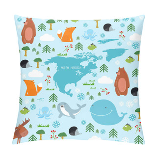 Personality  Vector Background North America With Cartoon Animals. Pillow Covers