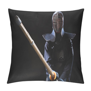 Personality  Kendo Fighter In Helmet Holding Bamboo Sword On Black Pillow Covers