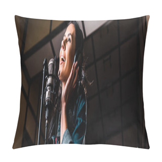 Personality  Panoramic Shot Of Beautiful Inspired Woman Singing Near Microphone In Recording Studio Pillow Covers