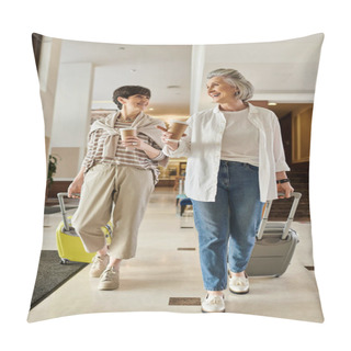 Personality  Two Senior Lesbian Partners Stroll Through An Airport With Their Luggage. Pillow Covers