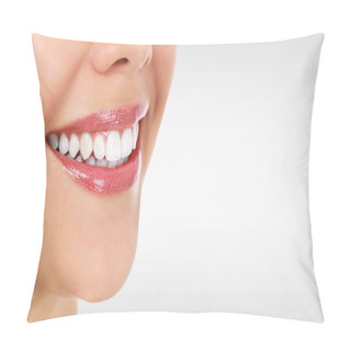 Personality  Pretty Woman Smile Against A Grey Background With Copyspace Pillow Covers