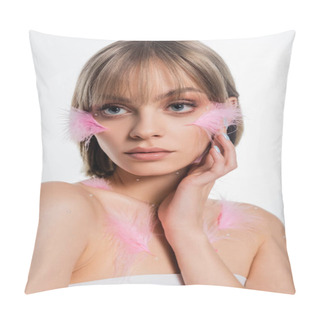 Personality  Pretty Young Woman With Decorative Elements On Face And Body And Pink Feathers On Cheeks Isolated On White Pillow Covers