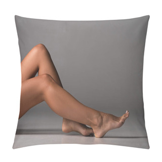 Personality  Partial View Of Sexy Barefoot Young Woman Sitting On Grey Pillow Covers