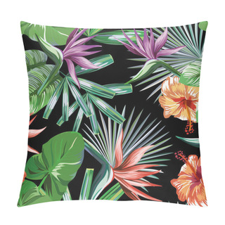 Personality  Seamless Vivid Exotic Pattern With Tropical Palm, Banana Leaves And Bird Of Paradise, Strelitzia, Hibiscus Flower On A Black Background Green Vector Style. Hawaiian Tropical Natural Floral Wallpaper Pillow Covers