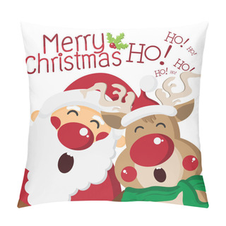 Personality  Happy Santa Claus Singing With Cute Reindeer,cartoon Characters For Christmas Greeting,Happy New Year Concept,design For Card And Poster,Vector Illustration. Pillow Covers