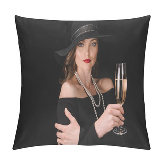 Personality  Elegant Attractive Woman In Black Straw Holding Champagne Glass Isolated On Black Background  Pillow Covers
